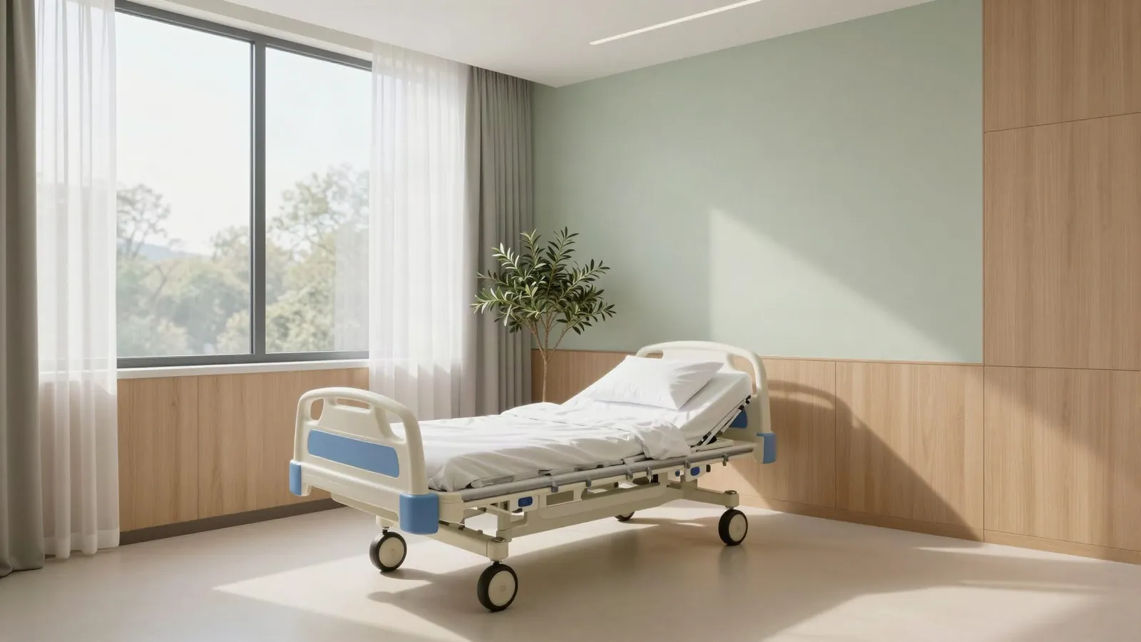 Habitación de recuperación luminosa con una cama clínica eléctrica
