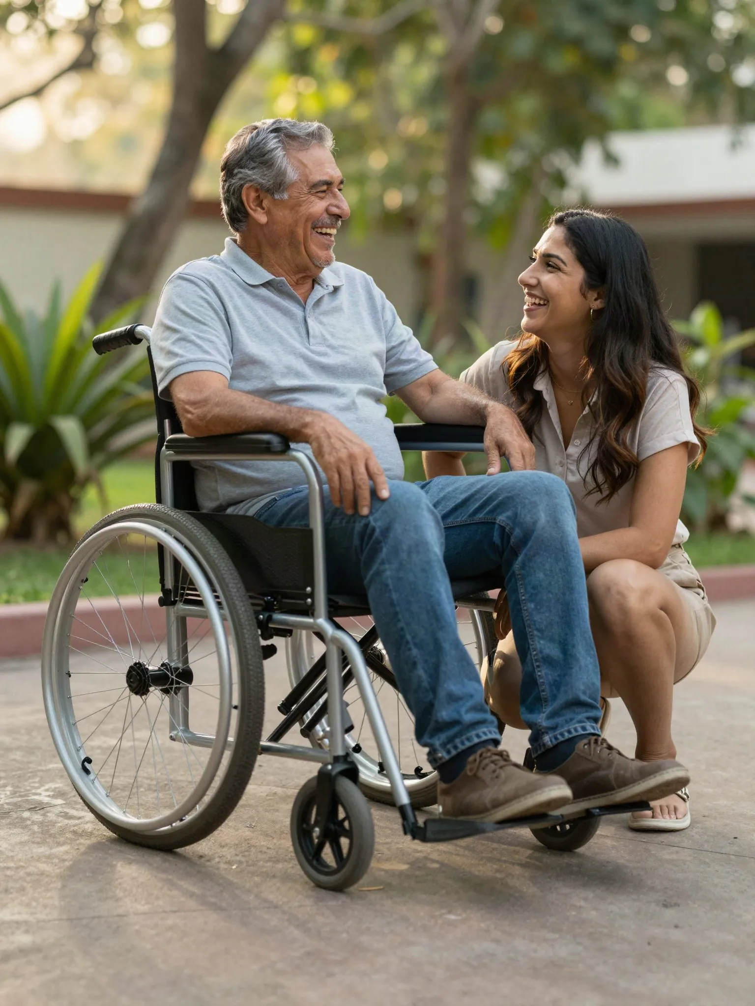 Hombre en silla de ruedas ríe con su hija en un jardín