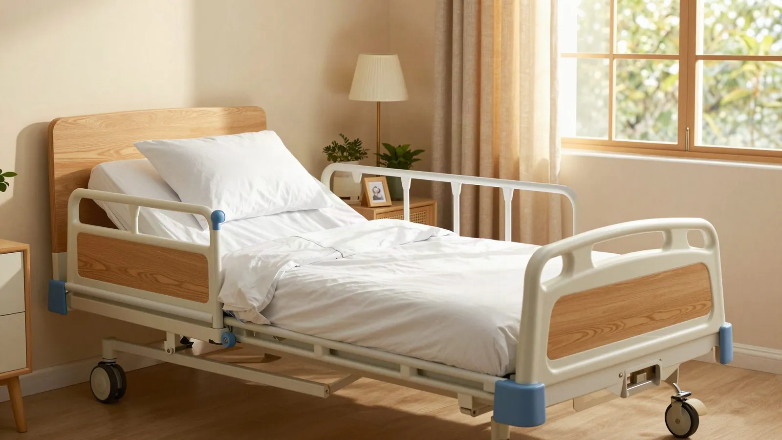 Cama clínica eléctrica en un dormitorio con luz de tarde
