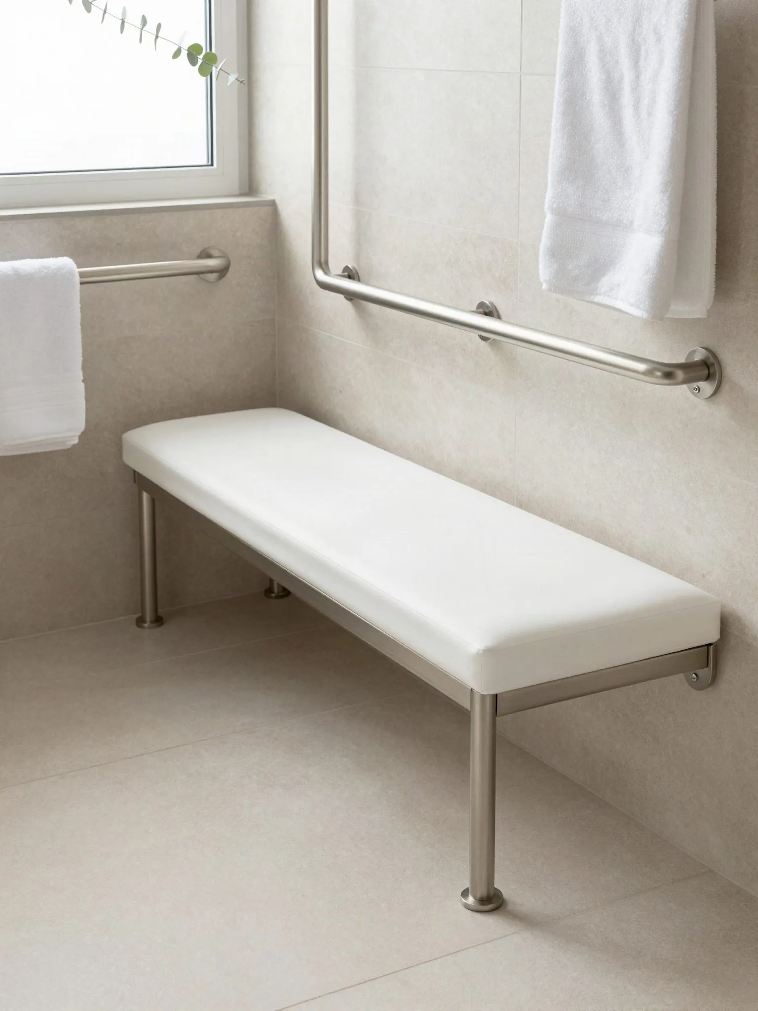 Baño accesible con banca acolchada y barras de acero