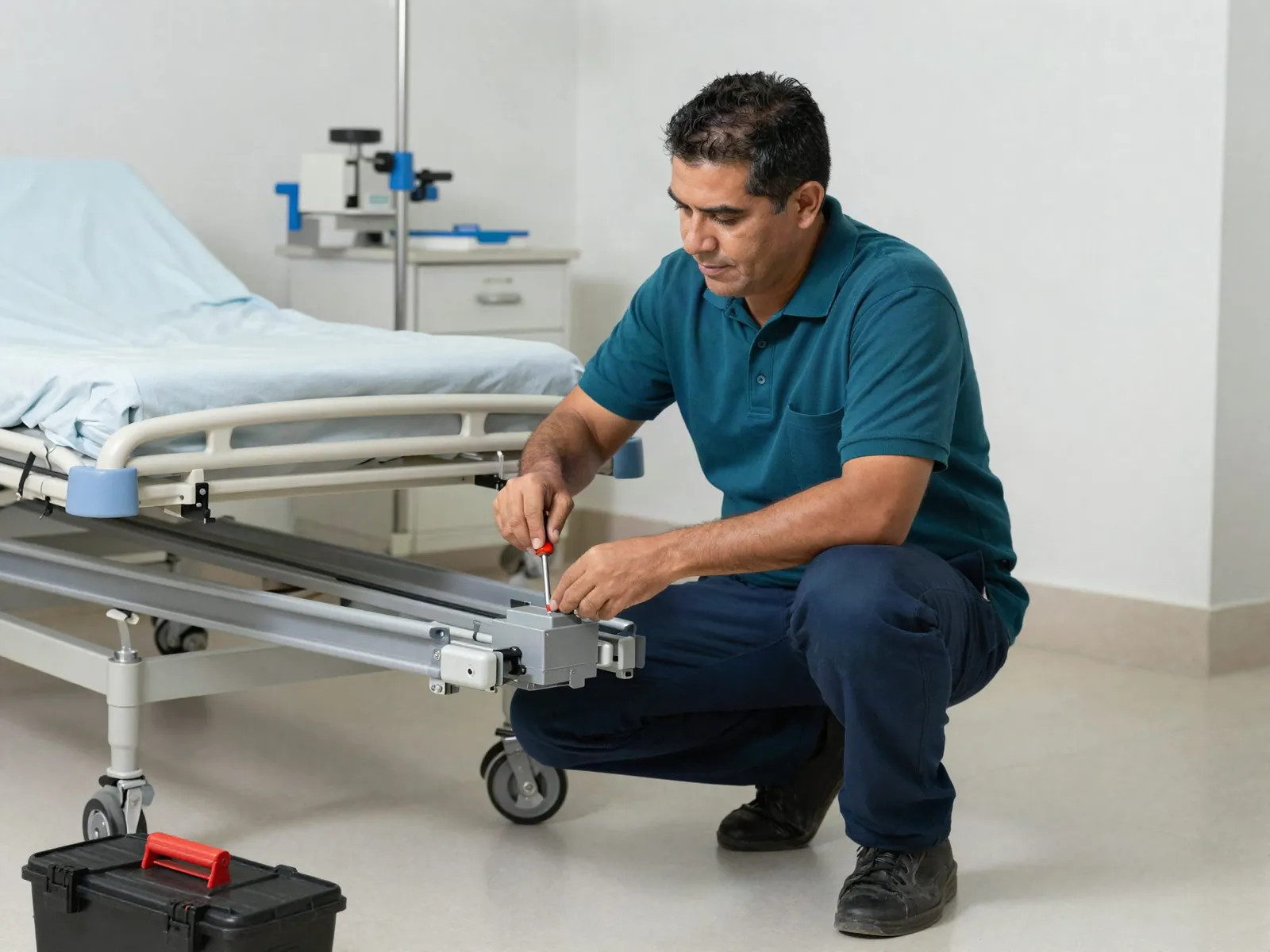 Técnico ajusta el motor de una cama clínica